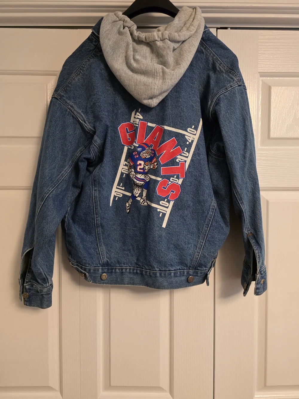 Classic Blue Denim Jacket with Gray Hood Barrel NFL New York Giants Kids Large